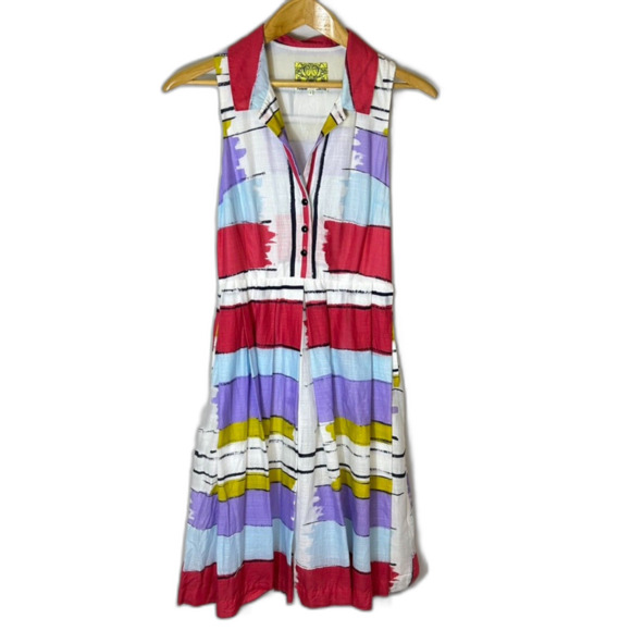 Anthropologie Floreat Multicolor Paint Stripe Fit & Flare Sleeveless Dress Sz 6 - Picture 4 of 15